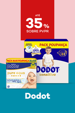 Marca Dodot com destaque promocional de at&eacute; 35% sobre pre&ccedil;o de Venda ao P&uacute;blico Recomendado
